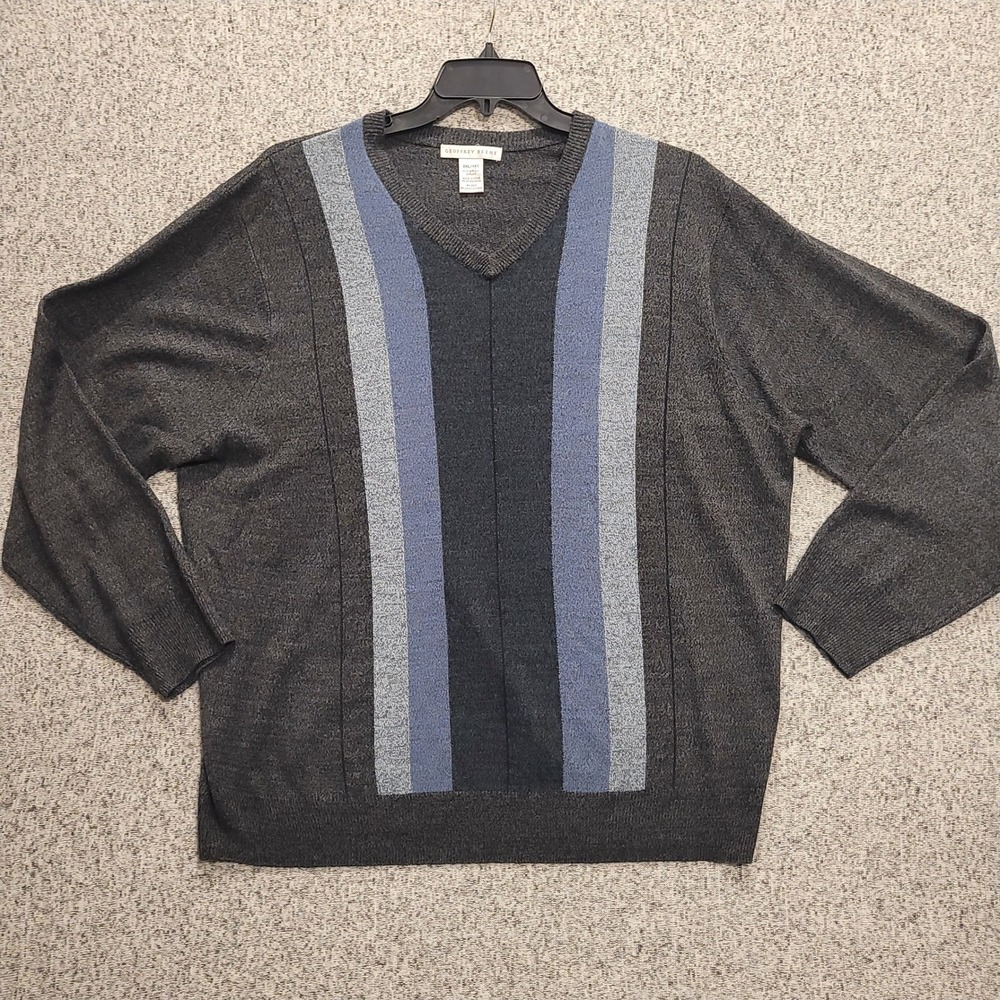Geoffrey Beene Mens XXL V-Neck Sweater Gray Blue Vertical Stripe Colorblock Knit
